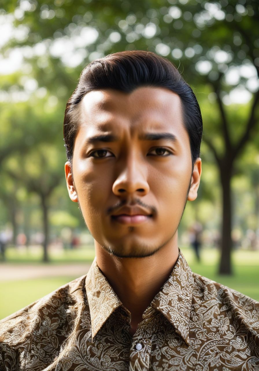 a male wearing batik shirt at the park