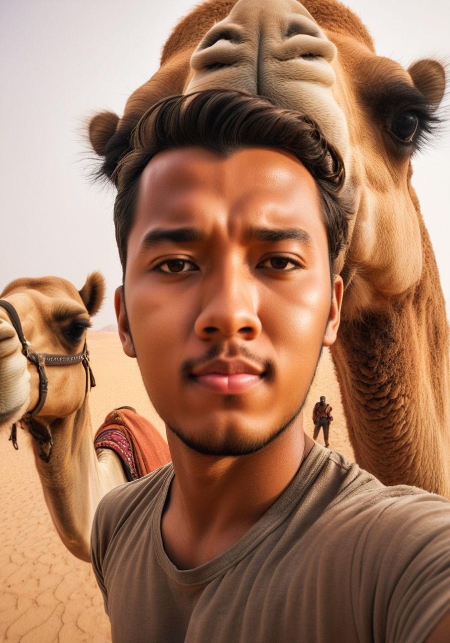 a male taking a selfie with a camel